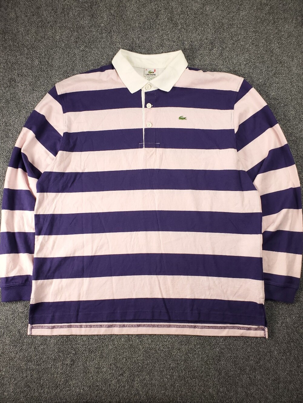 Lacoste Rugby Polo Shirt 2XL Long Sleeve Striped Purple Pink Contrast Collar - Picture 2 of 11
